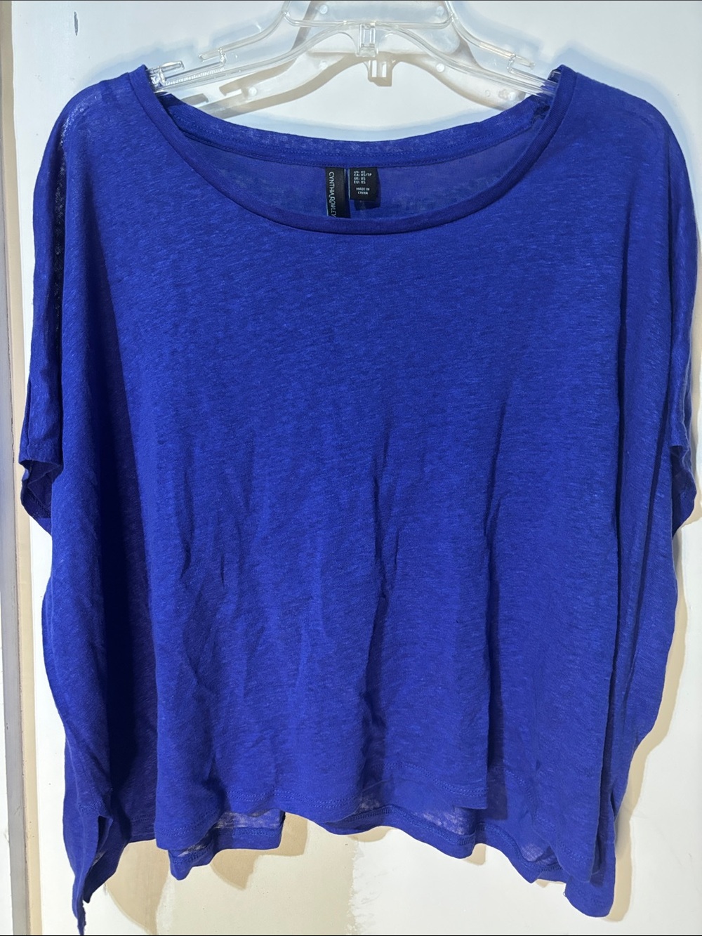 Cynthia Rowley 100% Linen Blue Boxy Top XS Short Sleeve Lightweight.